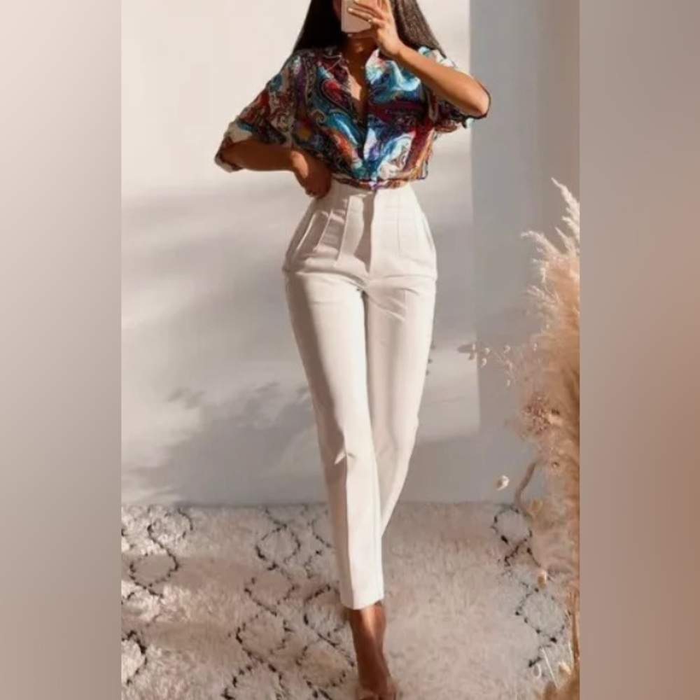 Zara high waisted rise pants bloggers favorite size S Small Cream